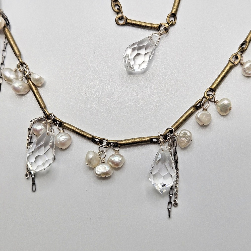 Silpada Brass Sterling Silver Crystal and Pearl Bead Necklace Retired 30"